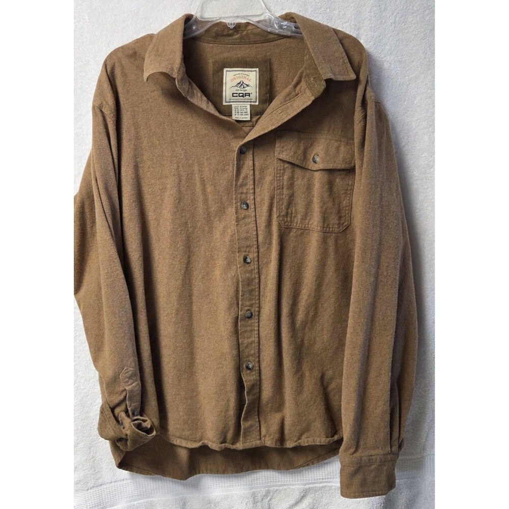 CQR Mens Flannel Shirt XL Brown Solid Cotton Corduroy Trim Long Sleeve Outdoor